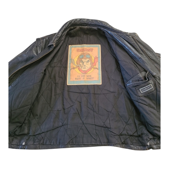 VTG 1984 Saxony Size 42 Black Motorcycle Bomber Genuine Leather Jacket - Picture 3 of 12
